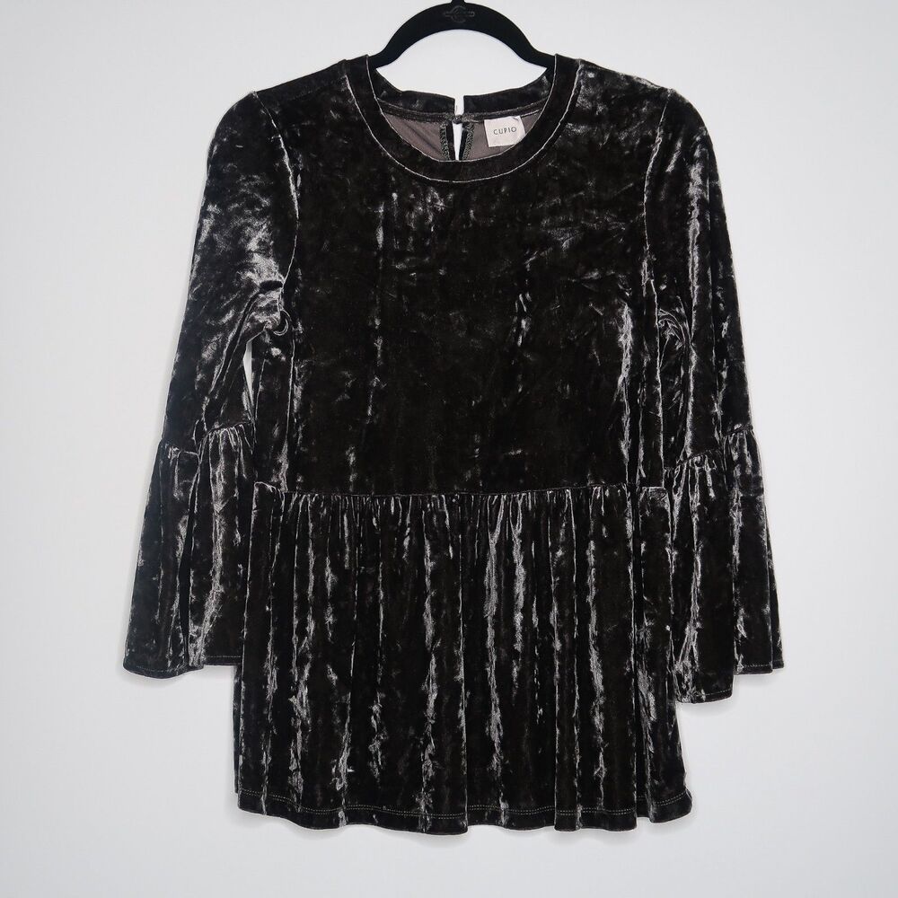 Cupio Womens Babydoll Top Size Medium Crushed Velvet‎ Gray Silver Goth Victorian